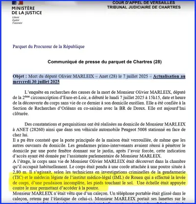 Communiqué de presse du parquet de Chartres (28)Objet Mort du député Olivier MARLEIX – Amet (28) le 7 juillet 2025 – Actualisation au mercredi 30 juillet 2025